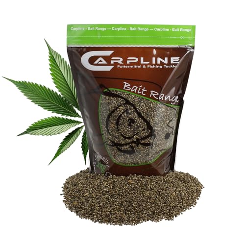Verpackung von Carpline24 Hanfsamen zur Anfütterung von Karpfen mit modernen Designelementen und einer ansprechenden Präsentation von Angelködern.
