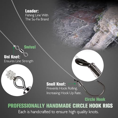 Informative Grafik über vorgeriggtes Angelzubehör, die verschiedene Knotentechniken und Circle Hooks für das Angeln in Süß- und Salzwasser zeigt.