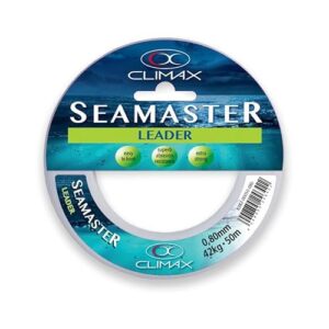 Climax Seamaster Leader 50m 1,20mm Angelschnur auf einer blauen Verpackung, ideal für Forellen und Karpfenangeln, mit Angaben zur hohen Abriebfestigkeit und Tragkraft.