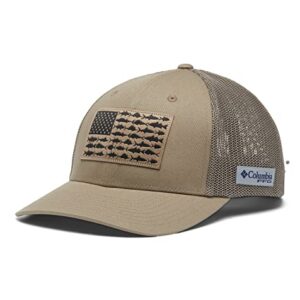 Columbia PFG Mesh Kanada Fischflagge Stretch-Fit Hut in Stoßzahn mit atmungsaktiver Rückseite, ideal für Angler und Outdoor-Aktivitäten.