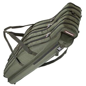 Grüner Rutenkoffer Modell 5093 aus robustem 100% Polyester mit drei getrennten Fächern und verstellbaren Rucksack-Schultergurten, ideal für den sicheren Transport von Angelruten.