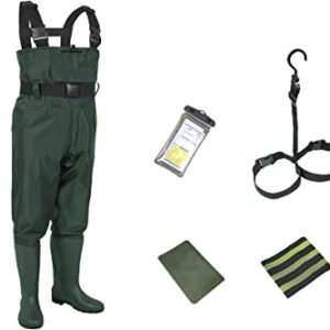 Wasserdichte Croch Wathose für Herren und Damen in Olivgrün mit verstellbaren Trägern und Gummistiefeln, ideal für Angeln und Outdoor-Aktivitäten.