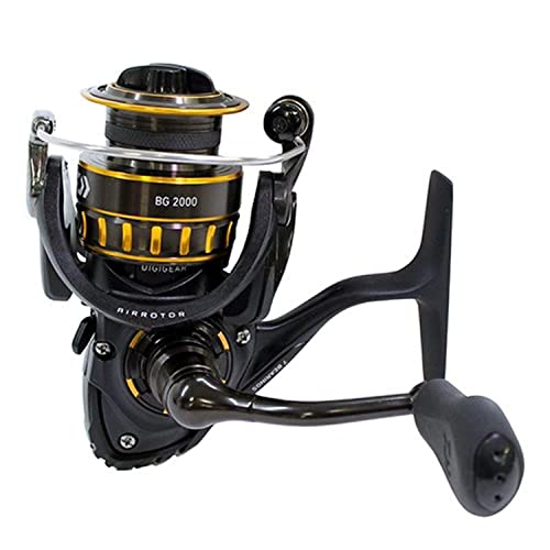 Daiwa BG2000 BG Salzwasser-Spinnrolle in Schwarz mit goldenen Akzenten, ideal für Salzwasserangeln, auf neutralem Hintergrund abgebildet.