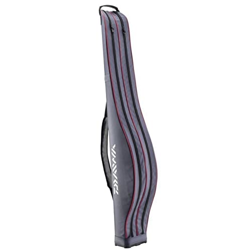 Graue Rutentasche für 2 Ruten mit gestreiftem Design, geeignet für den Transport von Angelruten, 145 cm lang, aus robustem 100% Polyester mit schockabsorbierender Außenschicht.