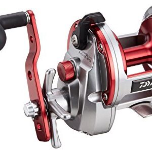 Daiwa Sealine Ishidai 40H Entoh Multirolle mit Zählwerk, ideal für Angler. Hochwertige Verarbeitung mit rotem und silbernem Metall, großer Spule und ergonomischem Griff.