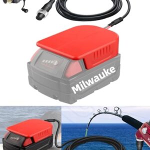 Batterieadapter für Daiwa und Shimano Angeln Rollen, geeignet für Milwaukee 18V M18 Akkus, dargestellt mit Angelgerät und Kabeln.