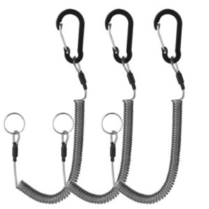 Drei spiralförmige Sicherungsleinen mit Karabinerhaken, ideal für Outdoor-Aktivitäten wie Angeln, Wandern und Camping. Flexibles Design, einfach dehnbar und wieder einziehbar.