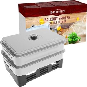 Edelstahl Tischräucherofen XL mit Thermometer und regulierbarem Fassungsvermögen für das Grillen und Räuchern von Fisch und Fleisch im Freien. Ideal für Garten und Balkon.