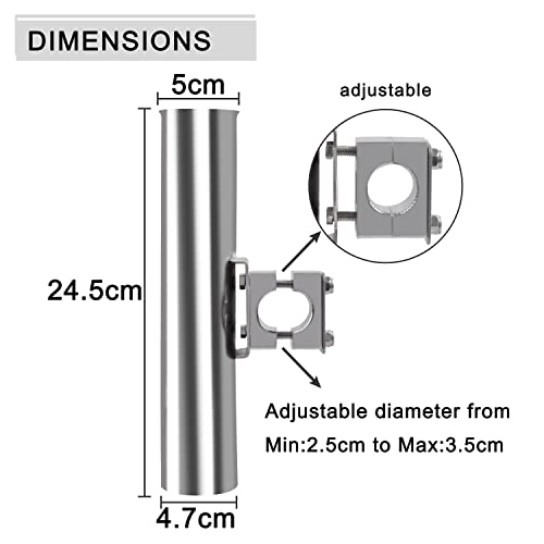 Einstellbarer Edelstahl Rutenhalter für Angelruten, 360 Grad drehbar, ideal für Boot und Kajak, zeigt technische Abmessungen und flexible Montageoptionen.