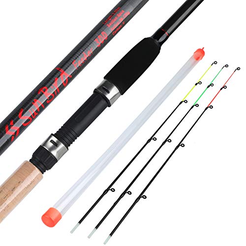 Hochwertige Sougayilang Feeder Rute mit drei Austauschspitzen, geeignet für Karpfenangeln und andere Fischarten, präsentiert auf einem ergonomischen Korkgriff.