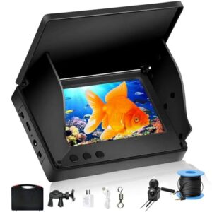 Fischfinder mit 5 Zoll IPS-Display und Unterwasserkamera, ideal für Angeln im Meer und Flüssen, abgebildet mit lebhaftem Bild eines Goldfischs in einer Unterwasserlandschaft.