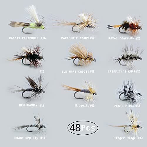 Fliegenfischen-Fliegen-Set mit 52 hochwertigen Trockenfliegen, Nymphen und Nassfliegen, ideal für Angler zur Verwendung in Flüssen und Seen.