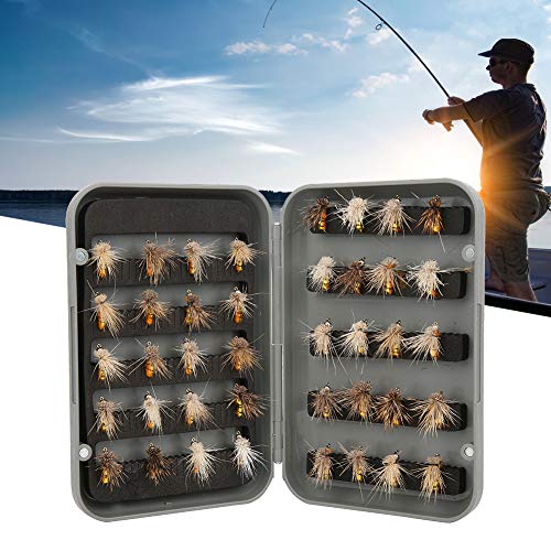 40 Stück Fliegenfischen Set mit verschiedenen Trockenfliegen in einer geöffneten Angelbox, präsentiert mit schaumstoffartiger Halterung. Hintergrund zeigt Angler am Wasser bei Sonnenuntergang.