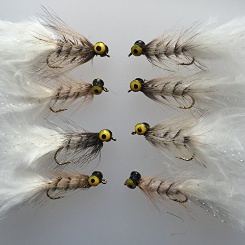 Set aus 8 hochwertigen Kunstfliegen für das Fliegenfischen, in Größe 8-10, mit auffälligem Design und leuchtend gelben Augen, ideal für Angler.