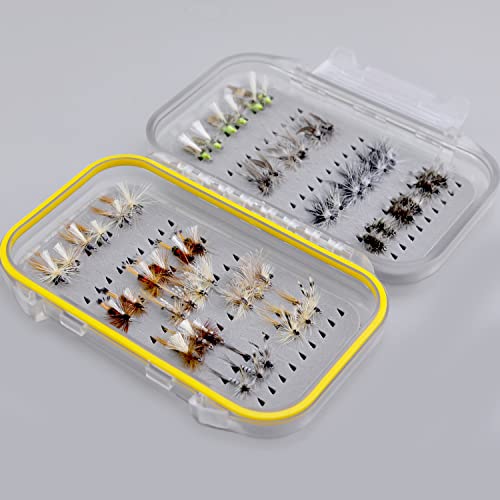 Fliegenfischen-Fliegen-Set mit 52 Trockenfliegen in einer transparenten Box, ideal für Angler. Enthält eine Auswahl an Nymphen, Trockenfliegen und Nassfliegen, präsentiert in einer wasserdichten, doppelseitigen Fliegenbox.