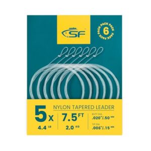 SF Vorgebundene Schlaufe zum Fliegenfischen Tapered Vorfach Nylon in der Verpackung, bietet 6 Stück von 7.5 Fuß langen 5X Vorfächern für Angler.