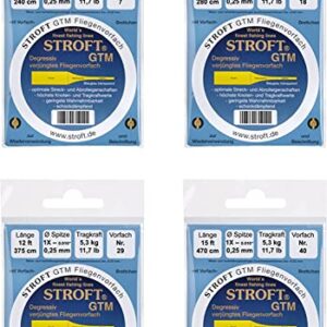 STROFT GTM Fliegenvorfach in vier verschiedenen Verpackungen, erhältlich in Längen von 7,5 m bis 18 m mit verschiedenen Stärken und Tragkräften für das Fliegenfischen.
