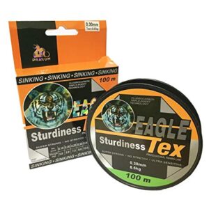 Verpackung einer Fluorocarbon Angelschnur mit 0,12mm Durchmesser und 100m Länge, die hohe Qualität für Angler bietet. Die orangefarbene Kartonschachtel zeigt ein Tiger-Motiv und verdeutlicht die Stärke der Schnur für verschiedene Angelbedingungen.