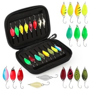 TOSAVGA 16 Stück Forellen Spoon Set mit verschiedenen Kunstködern in lebhaften Farben und einer schwarzen Aufbewahrungsbox, ideal für das Angeln von Forellen, Hechten und Barschen.