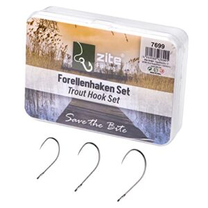 Zite Fishing Forellenhaken Set mit 30 Haken in drei Größen für erfolgreiches Forellenangeln, präsentiert in einer praktischen Aufbewahrungsbox.