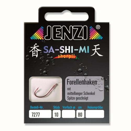 2 Packungen Set JENZI gebundene Forellenhaken in verschiedenen Größen, ideal für Angler, auf ansprechender Verpackung mit wasserfestem Design.