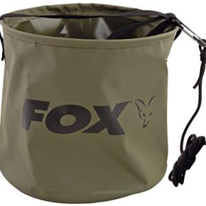 Fox zusammenfaltbarer großer Wassertank mit 10 Litern Volumen, robust, khakigrün, mit abnehmbarem Seil und stabiler Konstruktion, ideal für Angler und Outdoor-Aktivitäten.