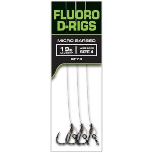 Verpackung der Fox Illusion Fluoro D Rigs, Karpfenangel-Zubehör mit 30 cm Länge, 8,6 kg Tragkraft, ideales Produkt für Karpfenangler, enthält drei fertig gebundene Rigs.