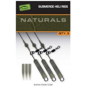 Fox Naturals Submerged Heli Rigs in Verpackung, 3 Karpfenrigs, ideal für nachhaltiges Karpfenangeln mit bleifreien Materialien.