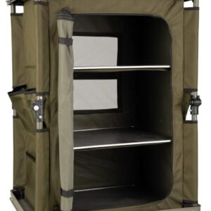 Fox Session Storage Tackleschrank 60x48x80cm, ideal für die Aufbewahrung von Angelzubehör und Kochutensilien während Angelausflügen, mit höhenverstellbaren Ablageflächen und praktischem Design.