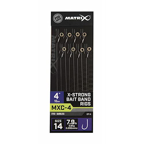 Fox Matrix Barbless Vorfach MXC-4 X-Strong Bait Band 10cm im Set mit 8 Rigs, ideal für nachhaltiges Angeln und optimale Fischerei-Ergebnisse.