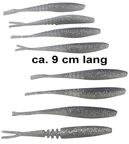 Set von 9 cm langen Gummiködern für das Angeln auf Barsch und Zander in der Farbvariante Smoky Ghost, ideal für verschiedene Angeltechniken wie Drop Shot und Cheburashka Rig.
