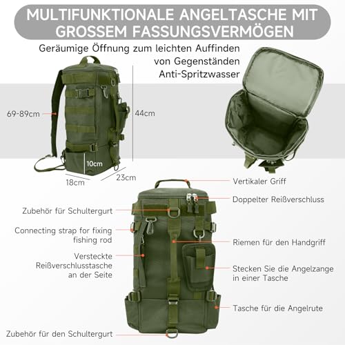 Vielseitige Angeltasche für Angler mit wasserabweisendem Design, 30 Liter Fassungsvermögen und praktischen Aufbewahrungsmöglichkeiten für Angelausrüstung, ideal zum Angeln und Wandern.