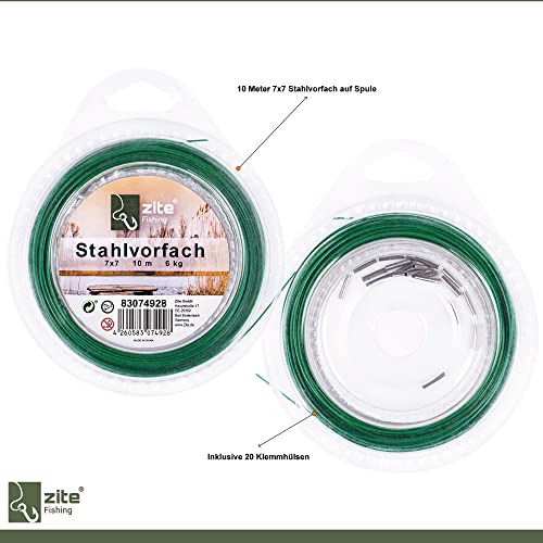Hochwertiges Stahlvorfach aus 7x7 Edelstahl für Raubfischangler mit 10 Meter auf Spule und 20 Klemmhülsen zur individuellen Vorfachgestaltung.