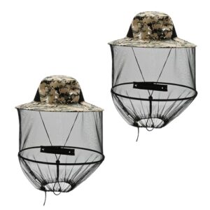 Zwei faltbare Mückenhüte mit integriertem Moskitonetz, ideal für Outdoor-Aktivitäten wie Angeln, Wandern und Camping, in militärischem Tarnmuster