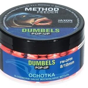 Jaxon Boilies POP-UP 10mm in einem runden Behälter für die Methode Karpfenangeln, ideal für große Karpfen mit köstlichem Mückenlarvengeschmack.