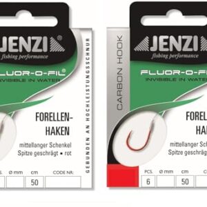 Set von 2 Packungen gebundenen Forellenhaken in verschiedenen Hakengrößen, ausgestattet mit Fluoro-Carbon Schnur, ideal für das Angeln von Forellen
