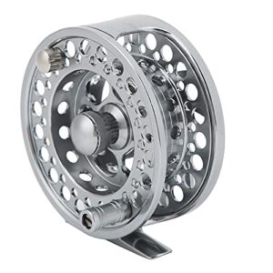 Hocheffiziente 7/8-Fliegenrolle aus Metall mit silberner Oberfläche und robustem Design für Angler, ausgestattet mit präzisem Bremsmechanismus und sichtbarem Spulenmechanismus.