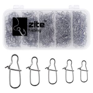 Zite Fishing Karabiner-Snaps in einer transparenten Sortierbox, ideal für Spinnfischen, ausgestattet mit silbernen Angelwirbel in fünf verschiedenen Größen für Forellen, Hechte und Barsche.