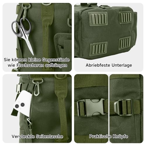 Hochwertige grüne Angeltasche aus robustem Polyester, ausgestattet mit praktischen Funktionen wie Halterungen, verstärkter Unterseite und versteckten Seitentaschen für optimale Aufbewahrung und Funktionalität beim Angeln, Wandern oder Jagen.