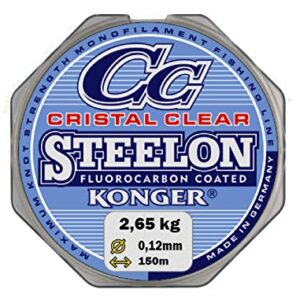 Verpackung der Konger Cristal Clear Angelschnur mit Fluorocarbon-Beschichtung, 0,12 mm Durchmesser und 150 m Länge, hochwertig und ideal für Angler.