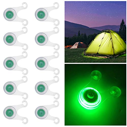Bunte LED Camping Seil Lichter in leuchtendem Grün, ideal für Outdoor-Aktivitäten wie Camping und Angeln, in einem nächtlichen Landschaftssetting mit Zelten.