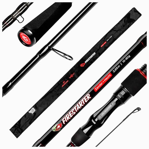 Lieblingsköder Firestarter Spinnrute für Zander und Hecht, 265 cm lang mit einem Wurfgewicht von 10-80g, glanzschwarz mit roten Akzenten, ergonomischer Griff und hochwertige SiC-Ringeinlagen für optimale Schnurführung.