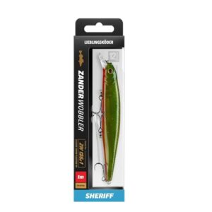 Lieblingsköder Zanderwobbler in auffälliger Sheriff-Farbe, ideal für Zanderangeln, mit realistischer Schwimmbewegung und hochwirksamen Drillinghaken.