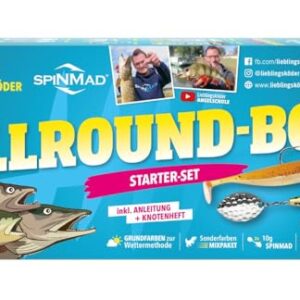 Verpackung der Lieblingsköder Allroundbox, einem umfangreichen Angelset für Raubfischangeln und Spinnfischen, in hellen Blau- und Gelbtönen mit stilisierten Fischen und abgebildeten Ködern.