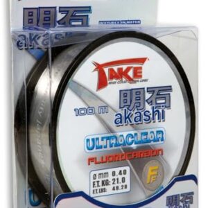 Verpackung der Lineaeffe Angelschnur Take Akashi Ultraclear Fluorocarbon mit 100 Metern Länge und 0,500 mm Durchmesser, ideal für Spinning und Surfcasting.
