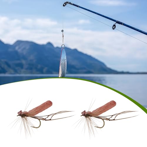Set von 6 LT Easiyl Schaum Daddy Long Legs Tan Fliegen für Trockenfischen auf Forellen und Lachse, mit Haken der Größe #10, präsentiert in einer malerischen Anglerszene.