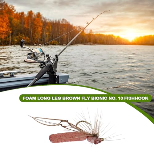 Set von 6 LT Easiyl Schaum Daddy Long Legs Tan Fliegen auf einem Boot in malerischer Seenlandschaft, ideal für das Angeln auf Forellen und Lachs, Haken der Größe #10, natürliche Bewegungen und Aussehen von Landinsekten nachahmend.