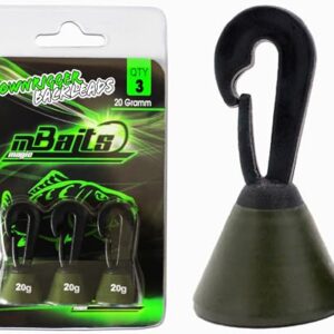 Magic Baits Downrigger Backleads in einer durchsichtigen Verpackung mit drei Schnurabsenkern, jedes mit 20g Gewicht, designed für das Downrigger-Angeln in grün.