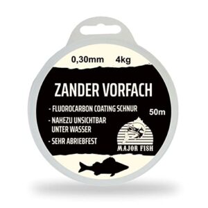 Hochwertige Zander Vorfach Fluorocarbon Angelschnur in einer runden, grau-weißen Verpackung mit wichtigen Produktinformationen und technischen Daten.