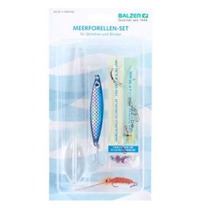 Balzer Meerforelle Angeln Set Starter in transparenter Verpackung, geeignet für Anfänger und erfahrene Angler, inklusive Blinker und Kunstköder für erfolgreiches Spinnfischen.